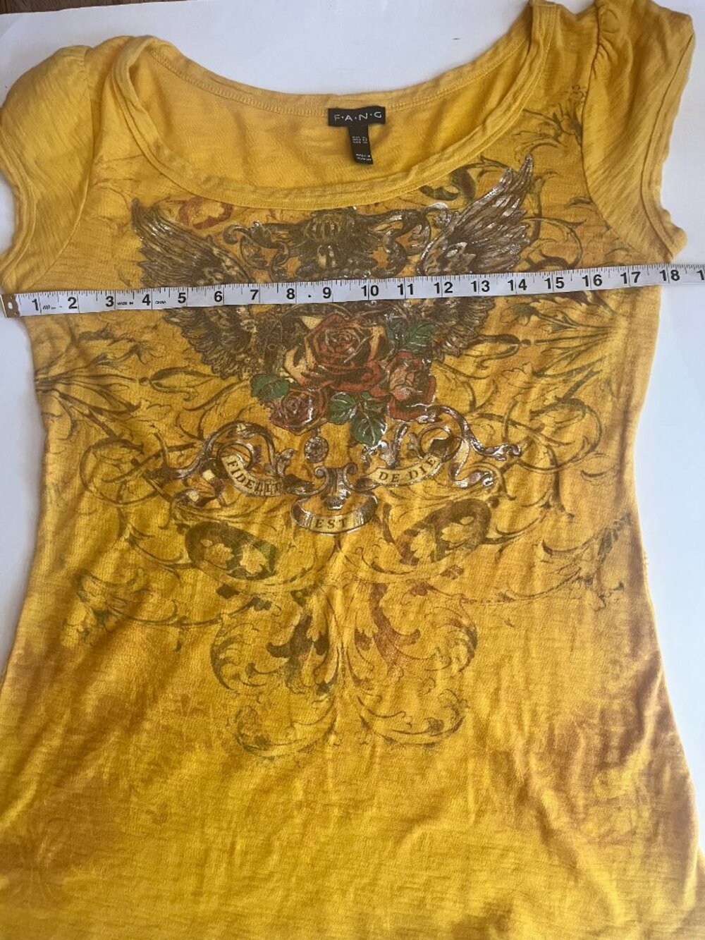 vintage FANG yellow eagle/rose graphic Round Neck Cap Sleeve Stretch XL - Picture 6 of 6